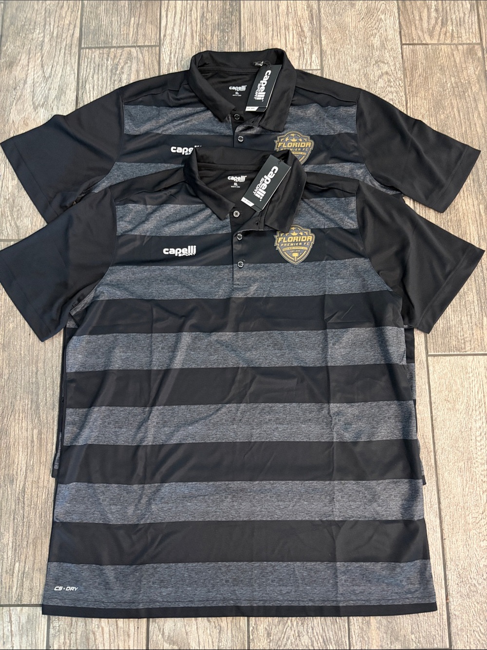 2x Capelli Sport Florida Premier FC Futbol Club Soccer Polos Gray Black Stripe